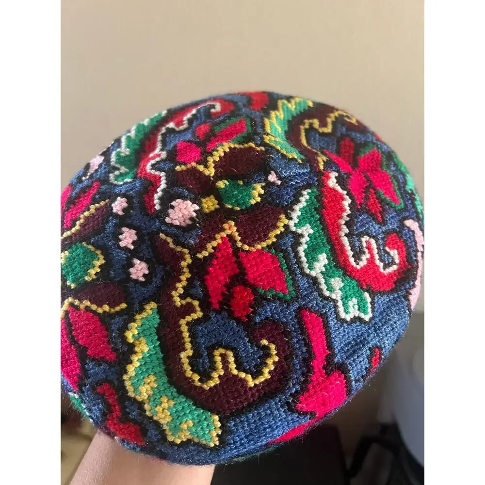 Vintage Needlpoint Multicolor Bukharian Jewish Kippah (Yarmulke)